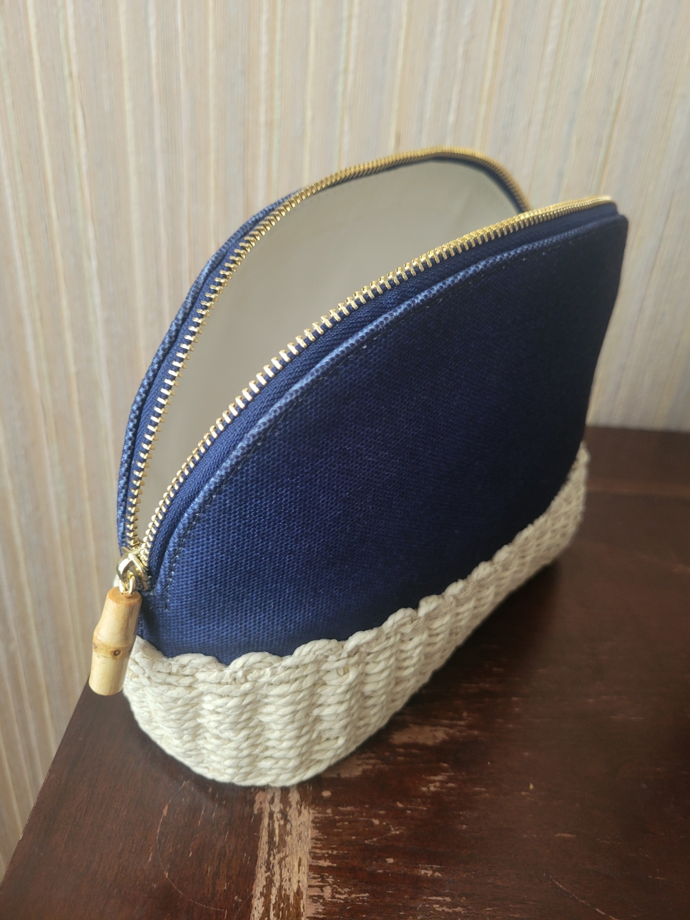 Mark & Graham Navy Denim Blue and Cream Woven Lined Cosmetic Pouch NWT